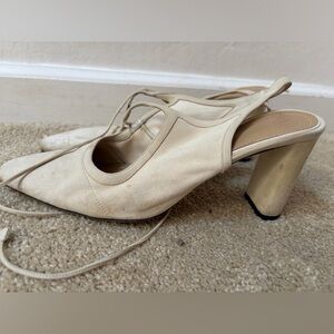 The Row Cream Lace-Up Slingback Block Heels